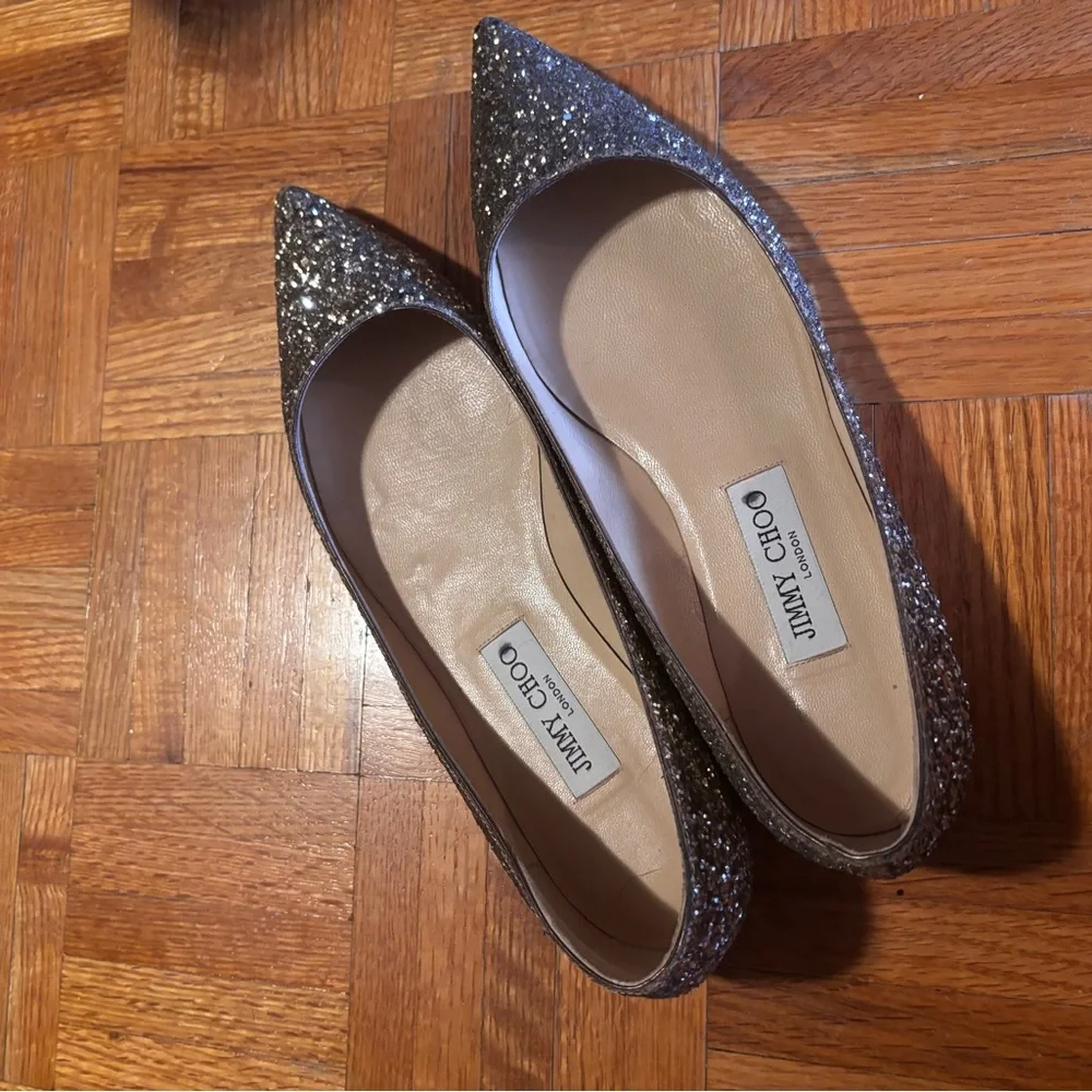 Jimmy Choo Silver Glitter Flats - Picture 1 of 8